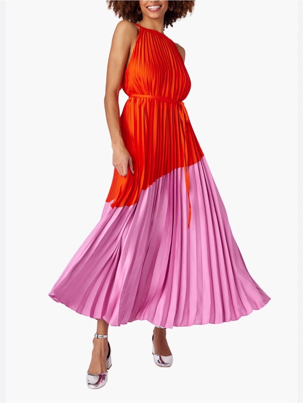 CROSBY by Mollie Burch Orange and Pink Pleated Halter Maxi Dress